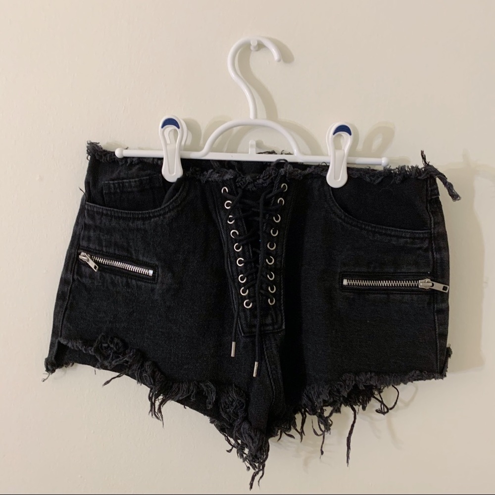 Black moto style denim shorts